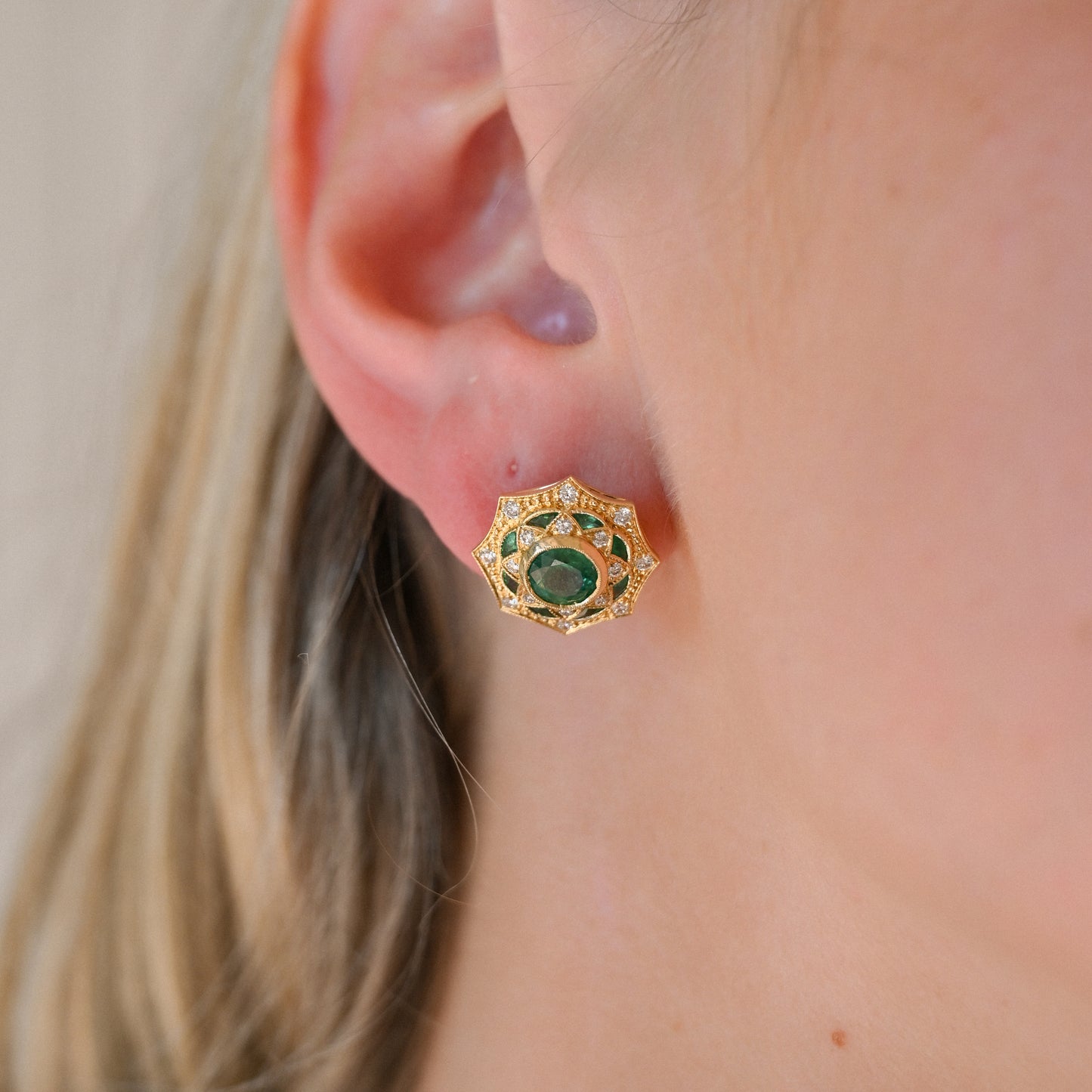 18KYG Emerald (1.86ct) Dia (.43ct) Earrings