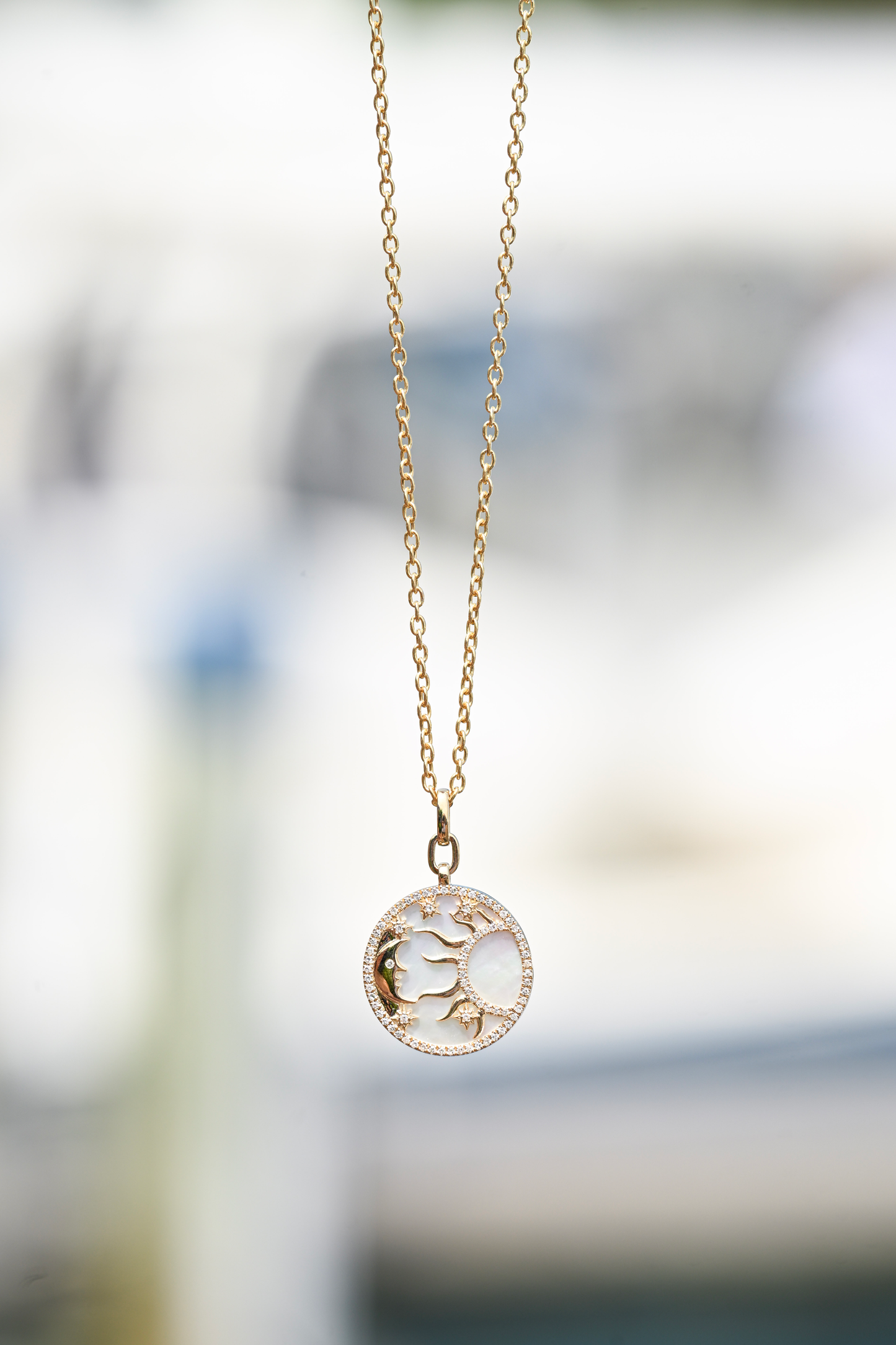 14KYG Half Moon Round Dia (13/.15ctw) Pendant 18" Box Chain Necklace