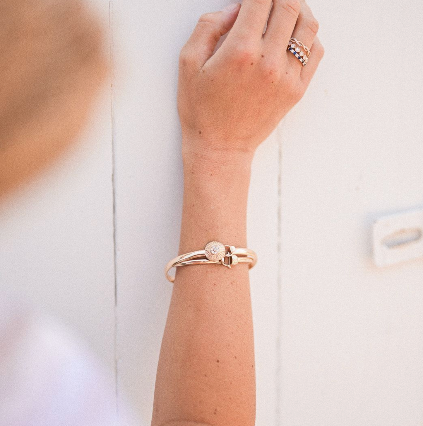 Diamond Nantucket Basket Top Bangle - Sterling Silver and 14K Gold