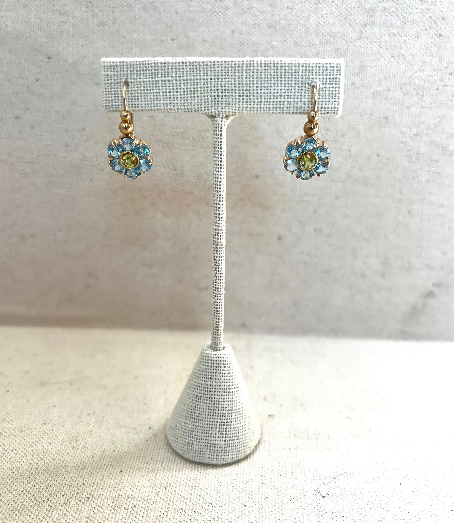 14K Yellow Gold Blue Topaz and Peridot Flower Earrings handmade by Jewel in the Sea Nantucket