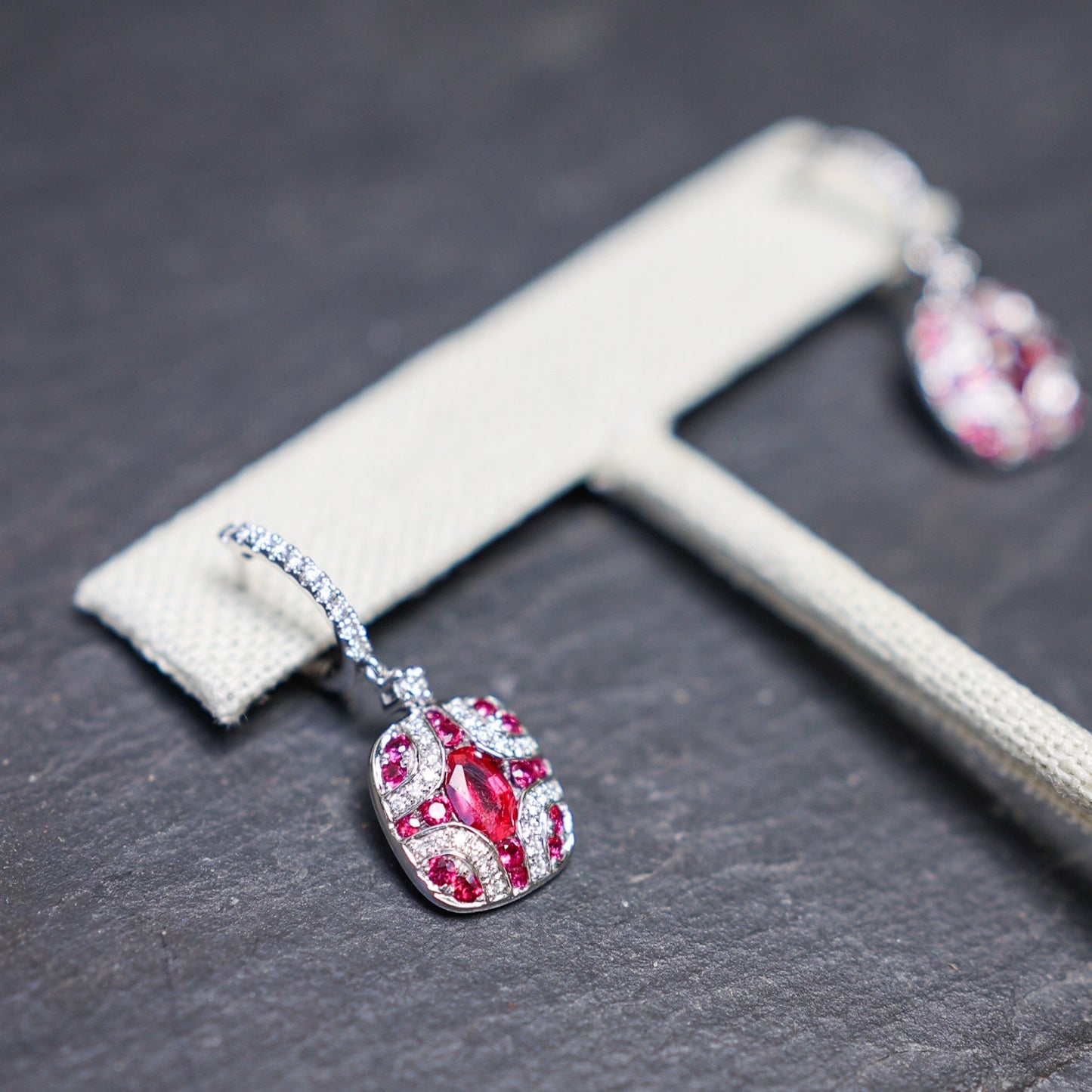 Dangling Ruby and Diamond 18K White Gold Earrings handmade by Jewel in the Sea Nantucket