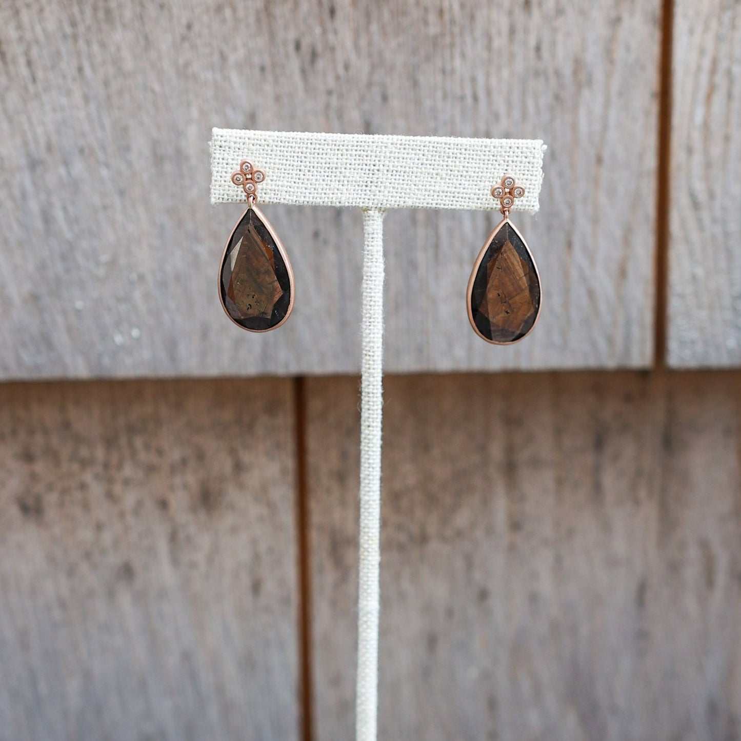 Golden Sheer Sapphire and Diamond Earrings 14K Rose Gold handmade by Jewel in the Sea Nantucket