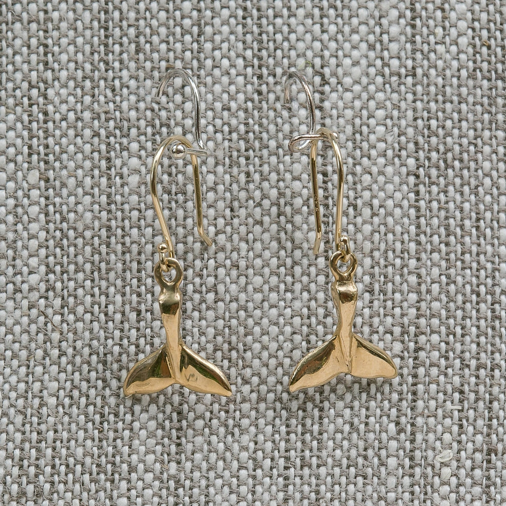 14K Yellow Gold Whale Tail Earrings handmade by Jewel in the Sea Nantucket