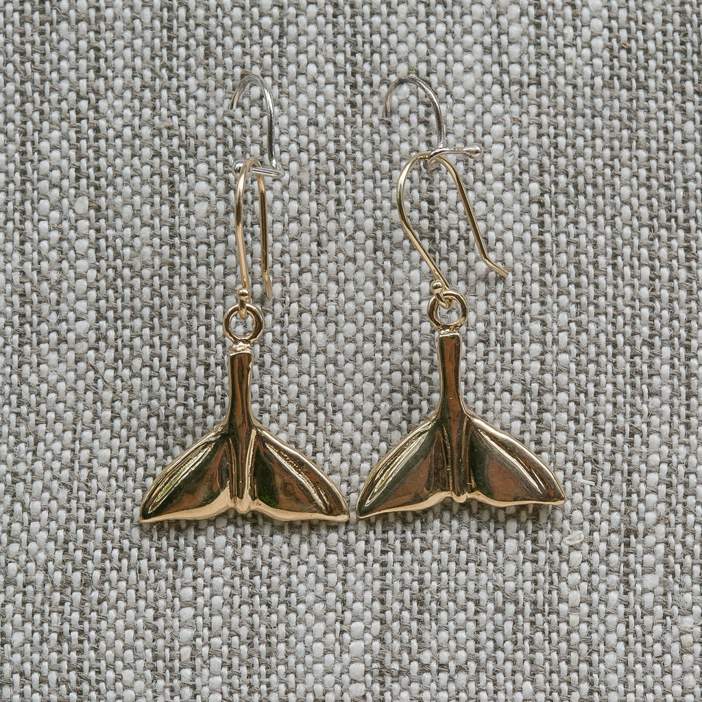 14K Yellow Gold Whale Tail Earrings handmade by Jewel in the Sea Nantucket