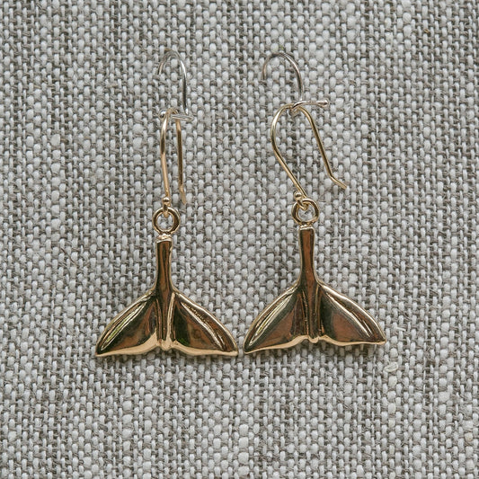 14K Yellow Gold Whale Tail Earrings handmade by Jewel in the Sea Nantucket