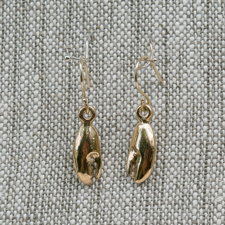 14K Yellow Gold Tiny Lobster Claw Earrings handmade by Jewel in the Sea Nantucket