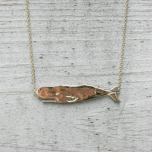 14K Yellow Gold Hand-Carved Flat Whale Necklace handmade by Jewel in the Sea Nantucket