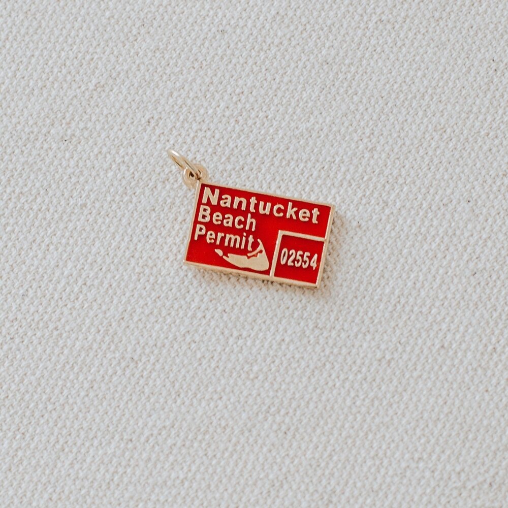 14K Yellow Gold Nantucket Beach Pass Charm in Cherry Red handmade by Jewel in the Sea Nantucket