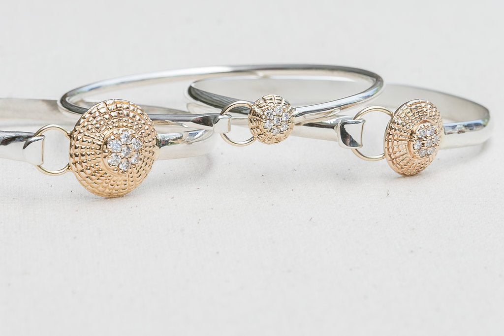 Multiple Diamond Nantucket Basket Top Bangle Sterling Silver and 14K Gold handmade by Jewel in the Sea Nantucket