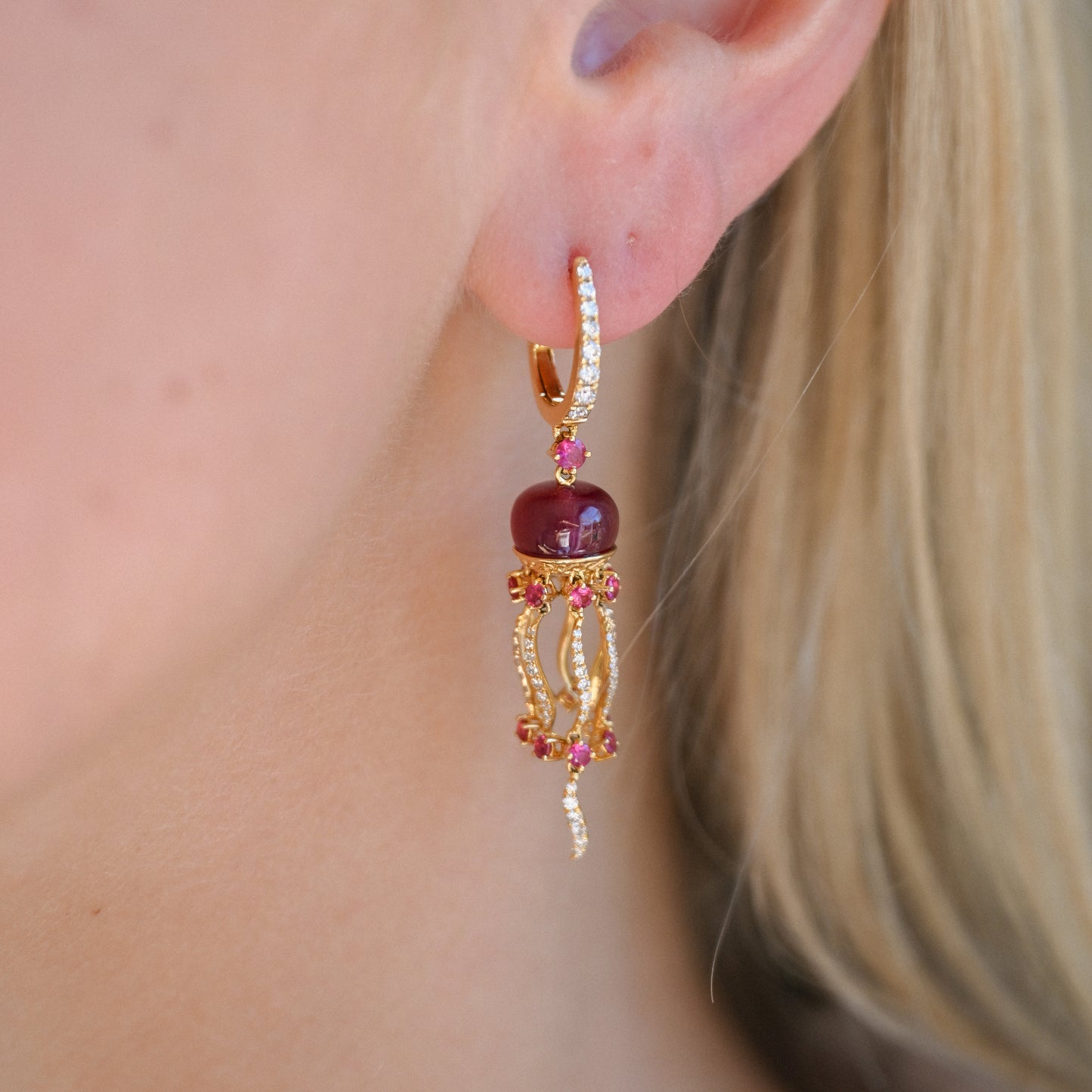 14KYG Ruby (13.75cts) Dia (.80tcw) JellyFish Earrings