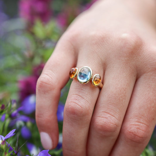Blue Topaz and Citrine Three Stone 18K Yellow Gold Ring handmade by Jewel in the Sea on Nantucket