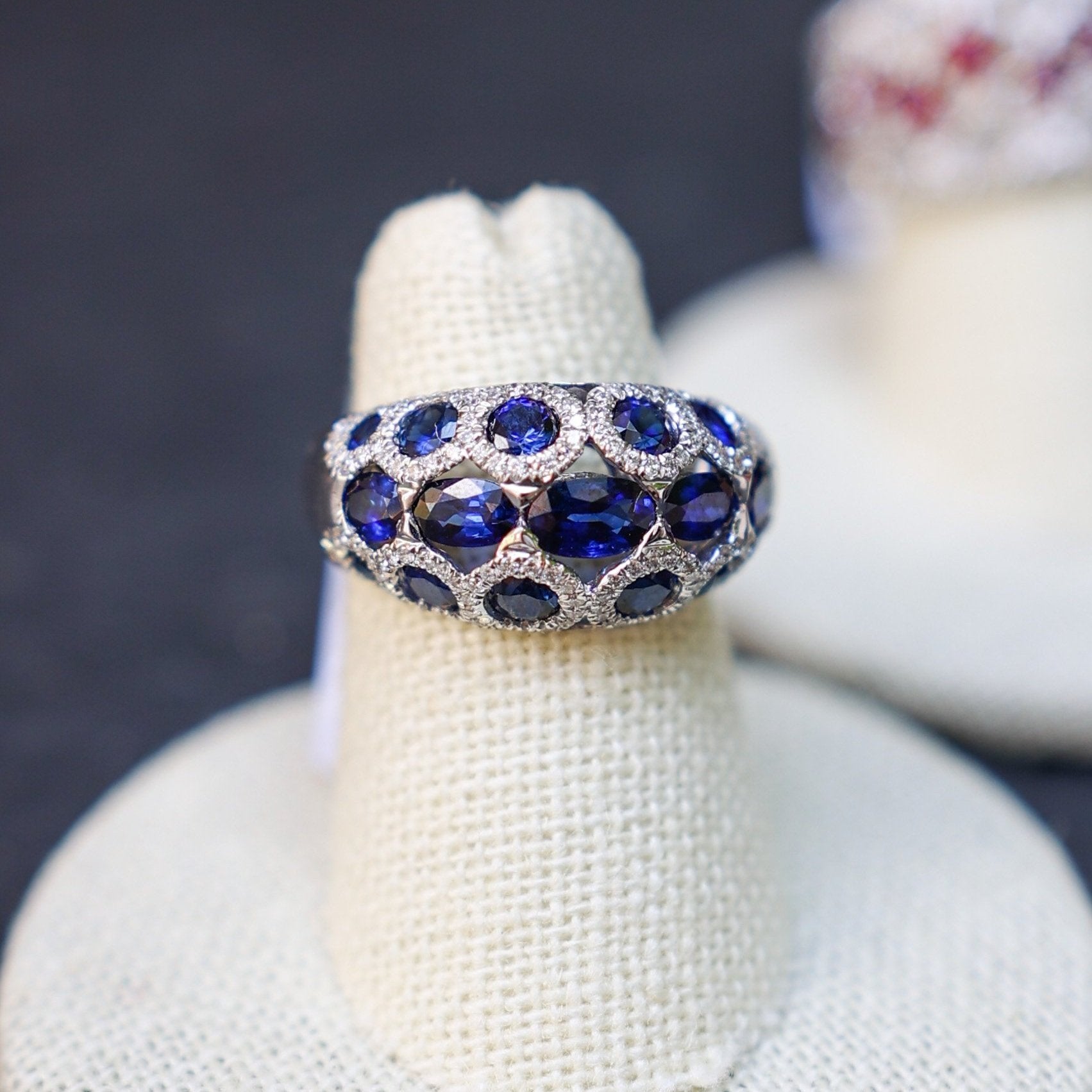 18K White Gold Multi-Stone Diamond and Sapphire Ring handmade by Jewel in the Sea Nantucket