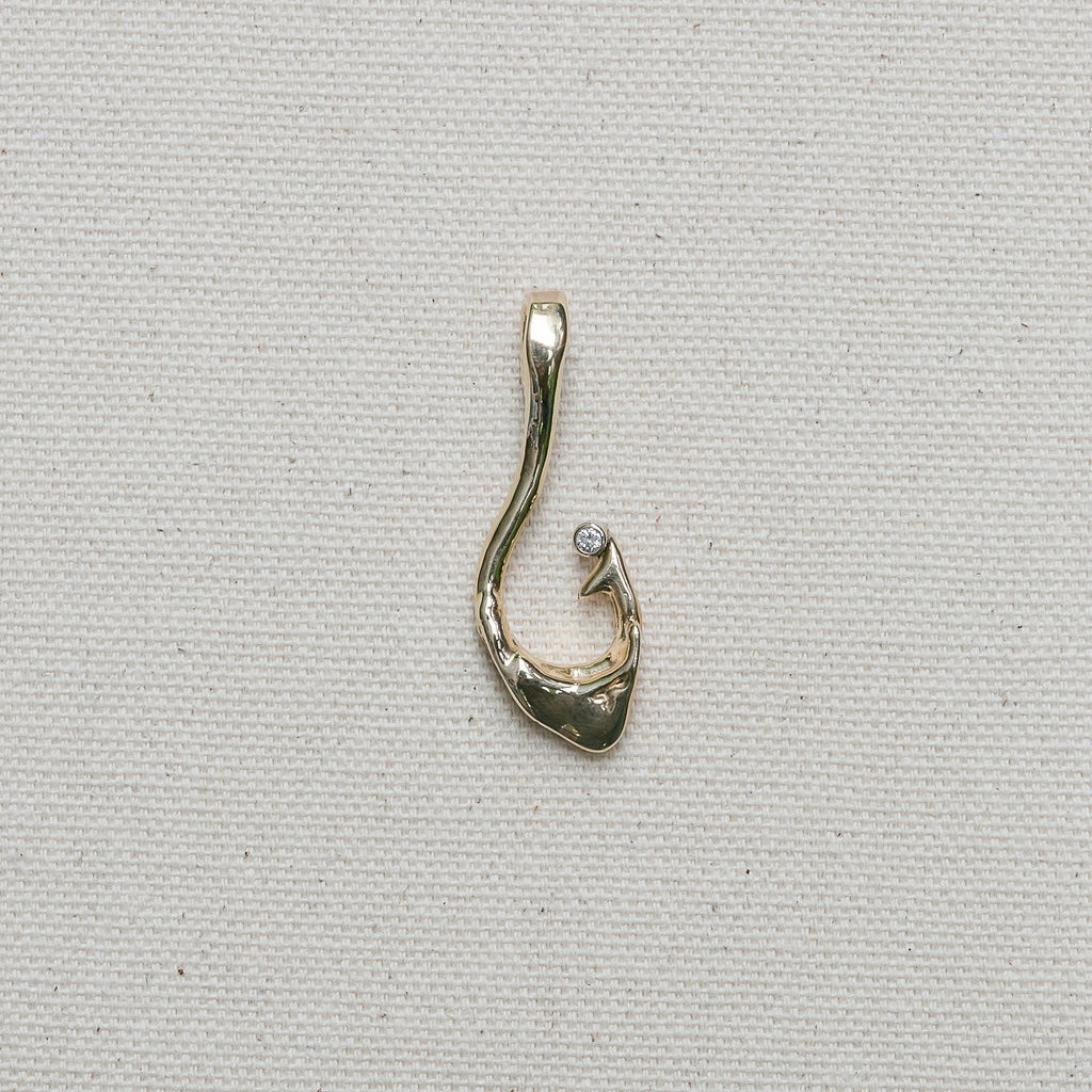 Nantucket Island Shaped Fish Hook Charm/Pendant in 14K Yellow Gold with diamond handmade by Jewel in the Sea Nantucket