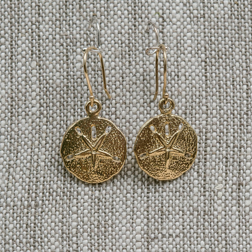 14K Yellow Gold Sand Dollar French Wire Dangle Earrings handmade by Jewel in the Sea Nantucket