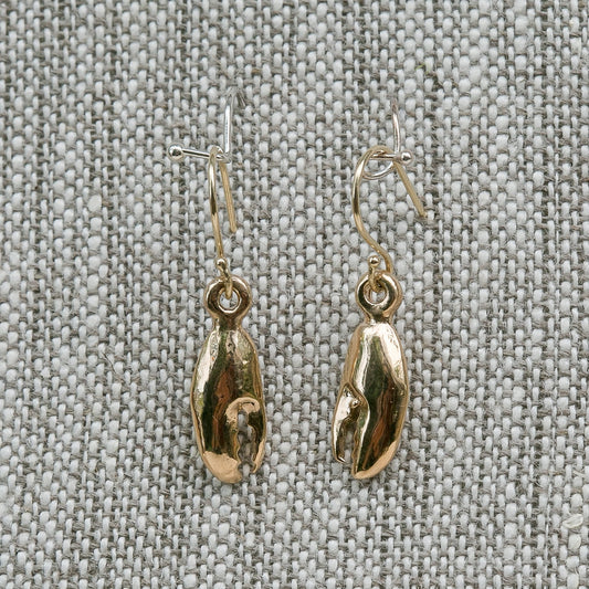 14K Yellow Gold Tiny Lobster Claw Earrings handmade by Jewel in the Sea Nantucket