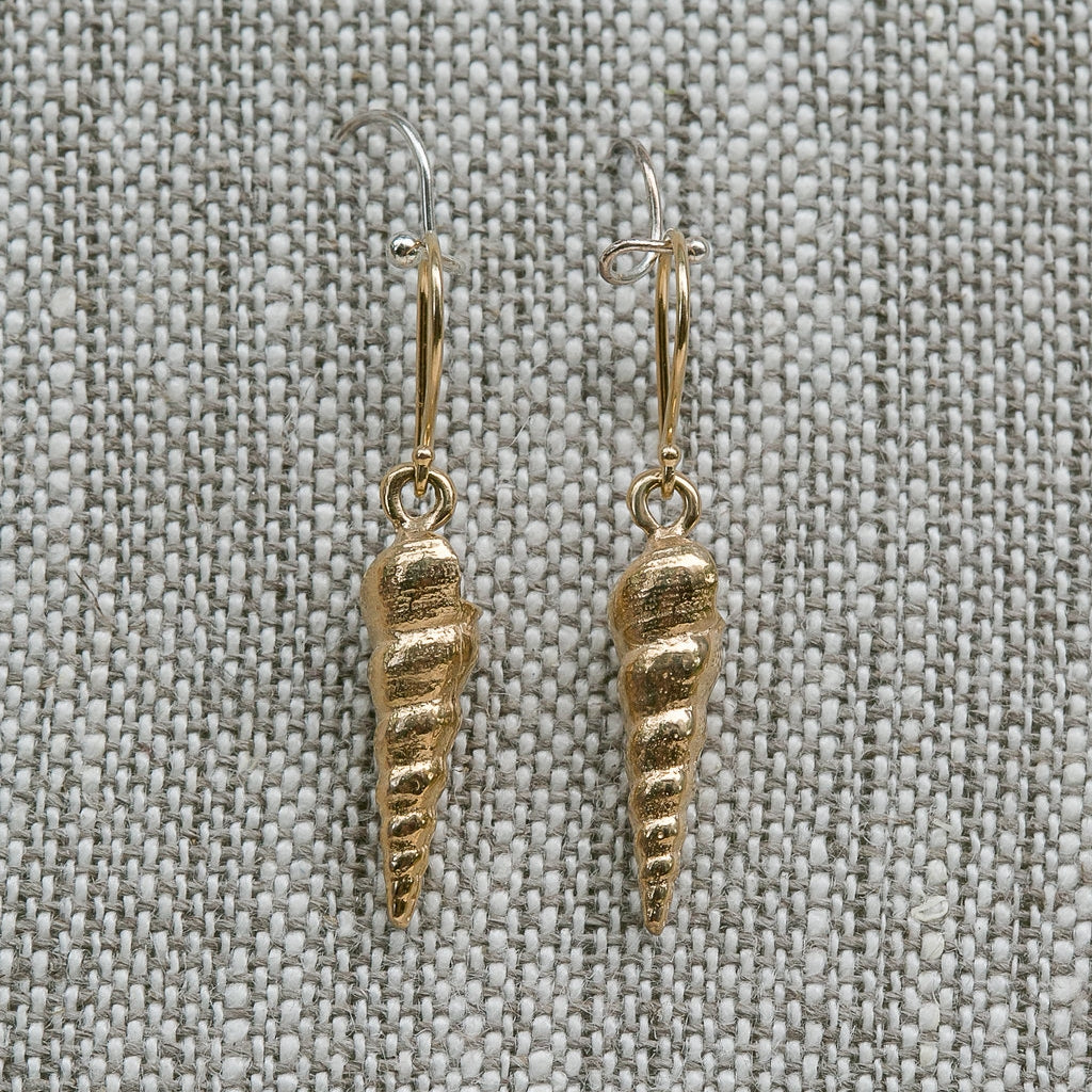 14K Yellow Gold Long Spiral Shell Earrings French Wire Dangle Earrings handmade by Jewel in the Sea Nantucket