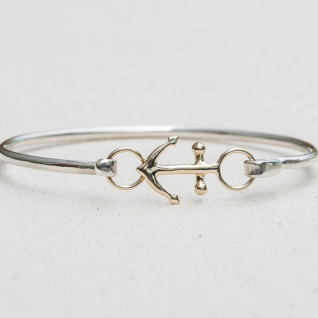 Sterling Silver Bangle with 14K Yellow Gold Anchor handmade by Jewel in the Sea Nantucket.