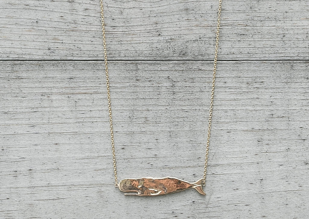 14K Yellow Gold Hand-Carved Flat Whale Necklace handmade by Jewel in the Sea Nantucket