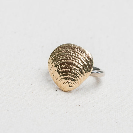 Clam Shell 14K Yellow Gold and Sterling Silver ring handmade by Jewel in the Sea Nantucket