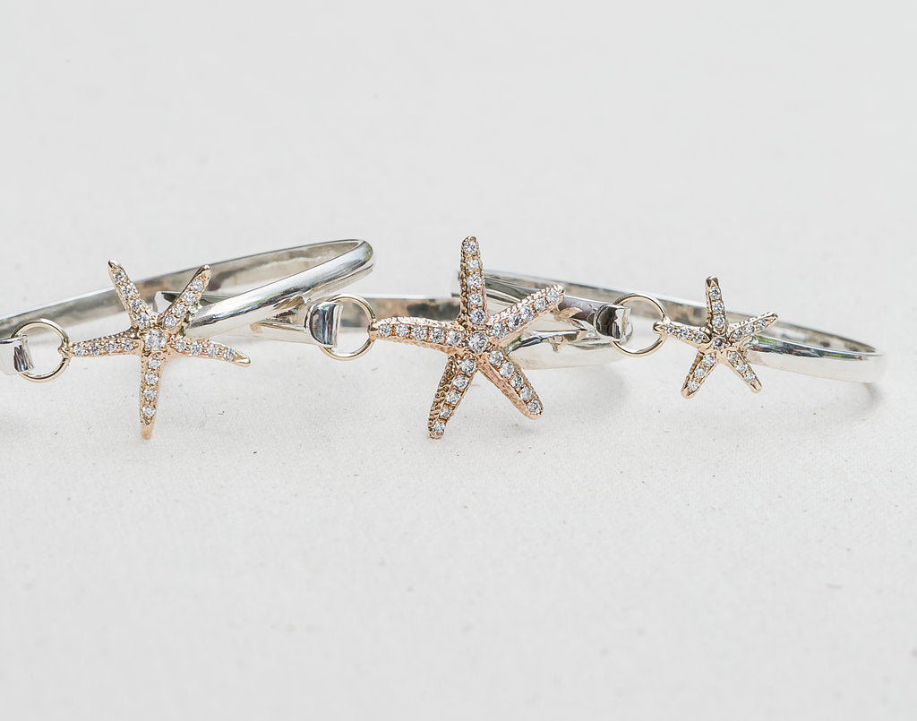 Diamond Starfish Bangle in Sterling Silver and 14K Yellow Gold handmade by Jewel in the Sea
