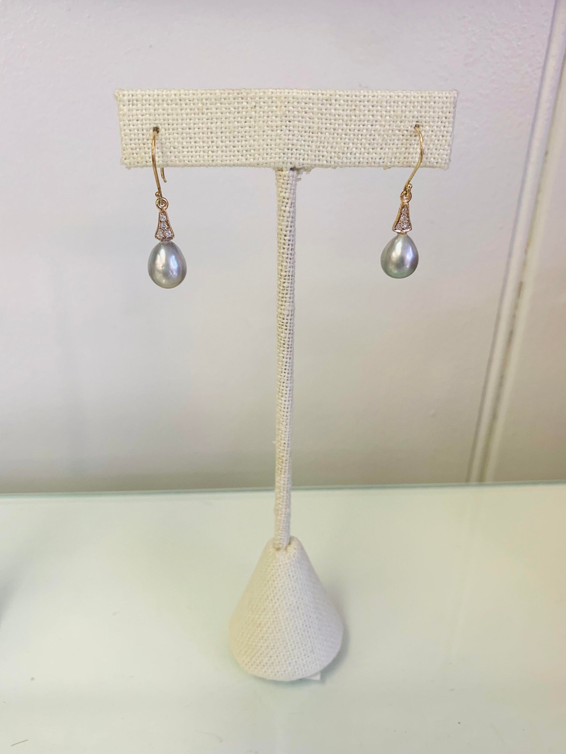 Gray South Sea Pearl and Diamond Dangle Earrings set in 14K Yellow Gold handmade by Jewel in the Sea Nantucket