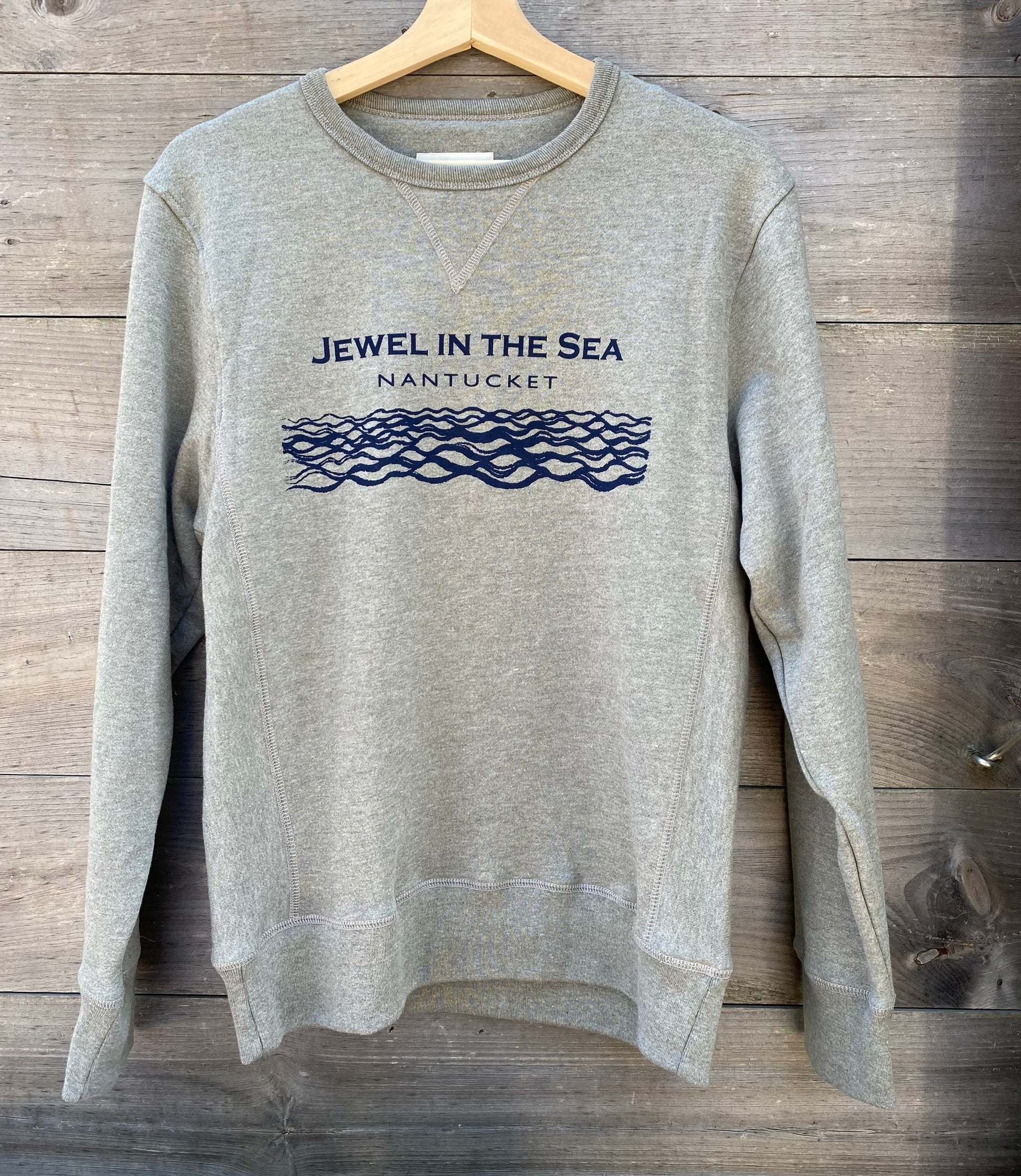 Grey Crewneck Sweatshirt with Jewel In The Sea logo.