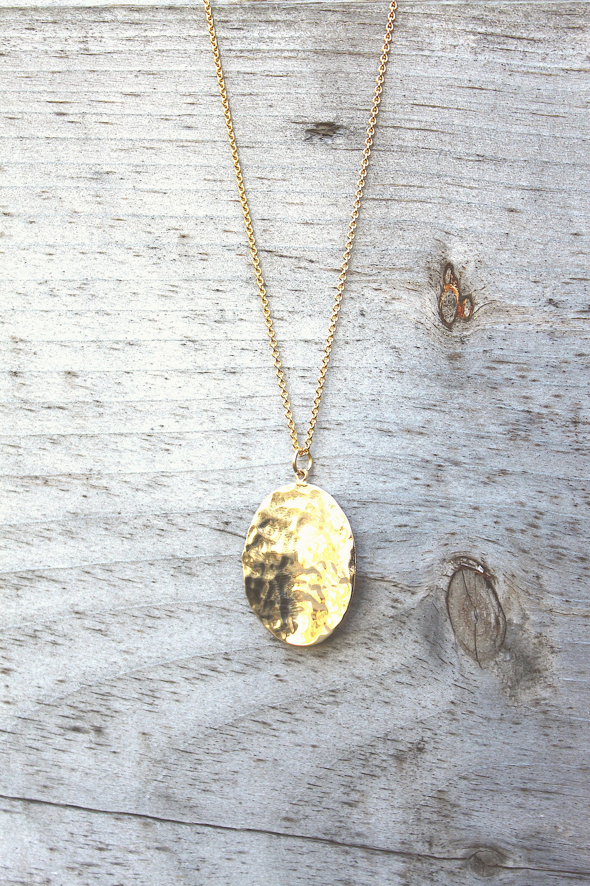 14K Yellow Gold Hammered Oval Pendant handmade by Jewel in the Sea Nantucket