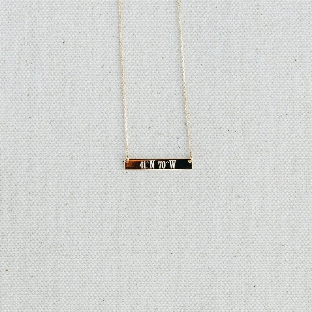 Nantucket Coordinates Engraved Bar 14K Yellow Gold Necklace handmade by Jewel in the Sea Nantucket