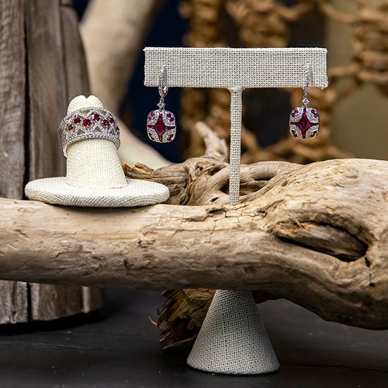 Dangling Ruby and Diamond 18K White Gold Earrings and matching ring handmade by Jewel in the Sea Nantucket