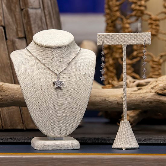 14K White Gold Diamond 5 Star Drop Earrings handmade by Jewel in the Sea Nantucket