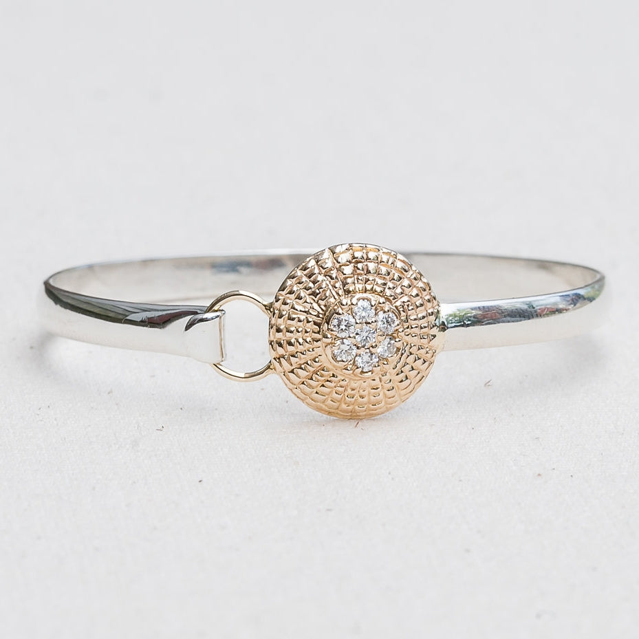 Diamond Nantucket Basket Top Bangle  Sterling Silver and 14K Gold handmade by Jewel in the Sea Nantucket