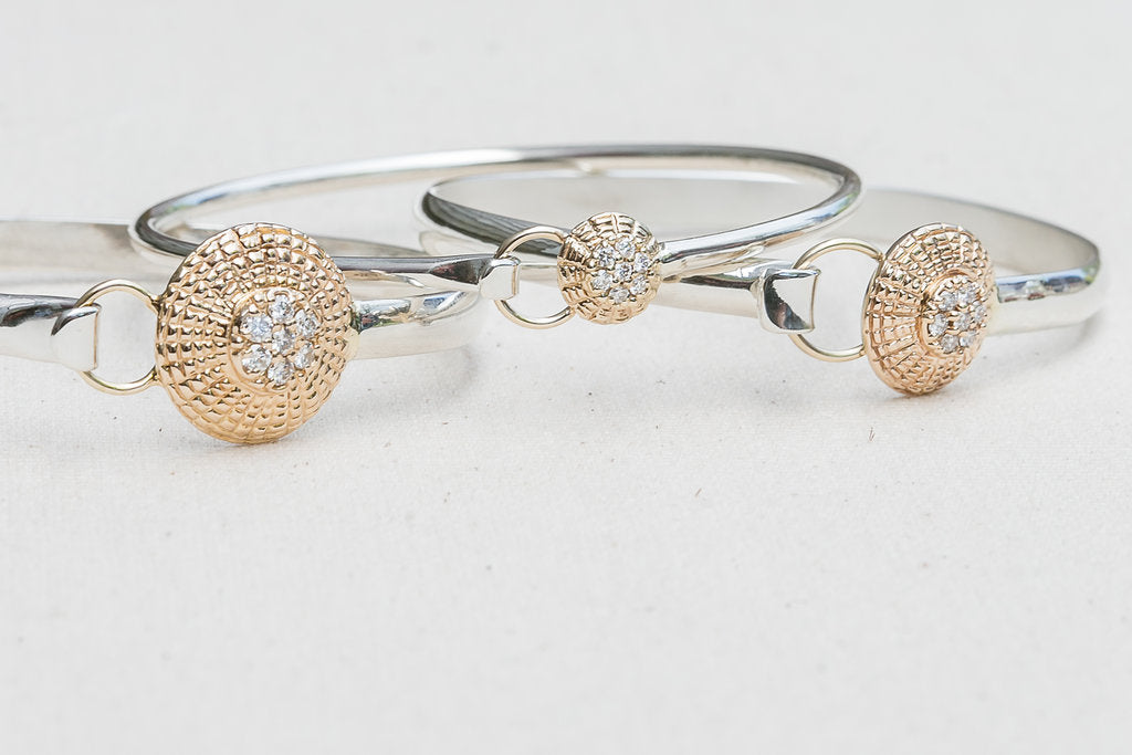 Multiple Diamond Nantucket Basket Top Bangle  Sterling Silver and 14K Gold handmade by Jewel in the Sea Nantucket