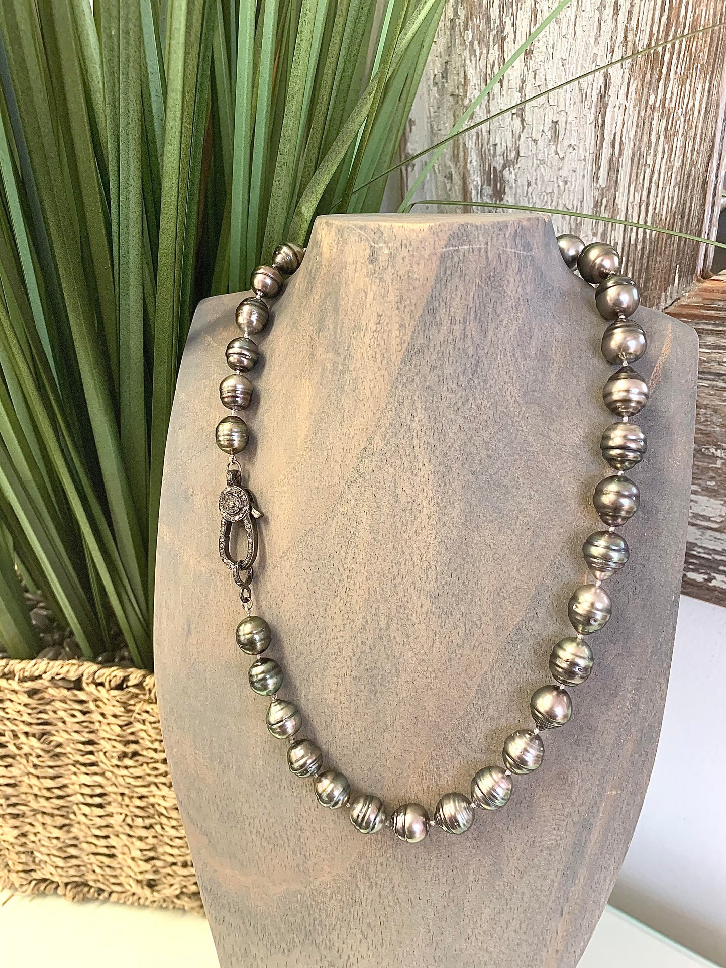 Beautiful Black Tahitian Pearl Necklace featuring a Sterling Silver and Grey Diamond clasp handmade by Jewel in the Sea Nantucket