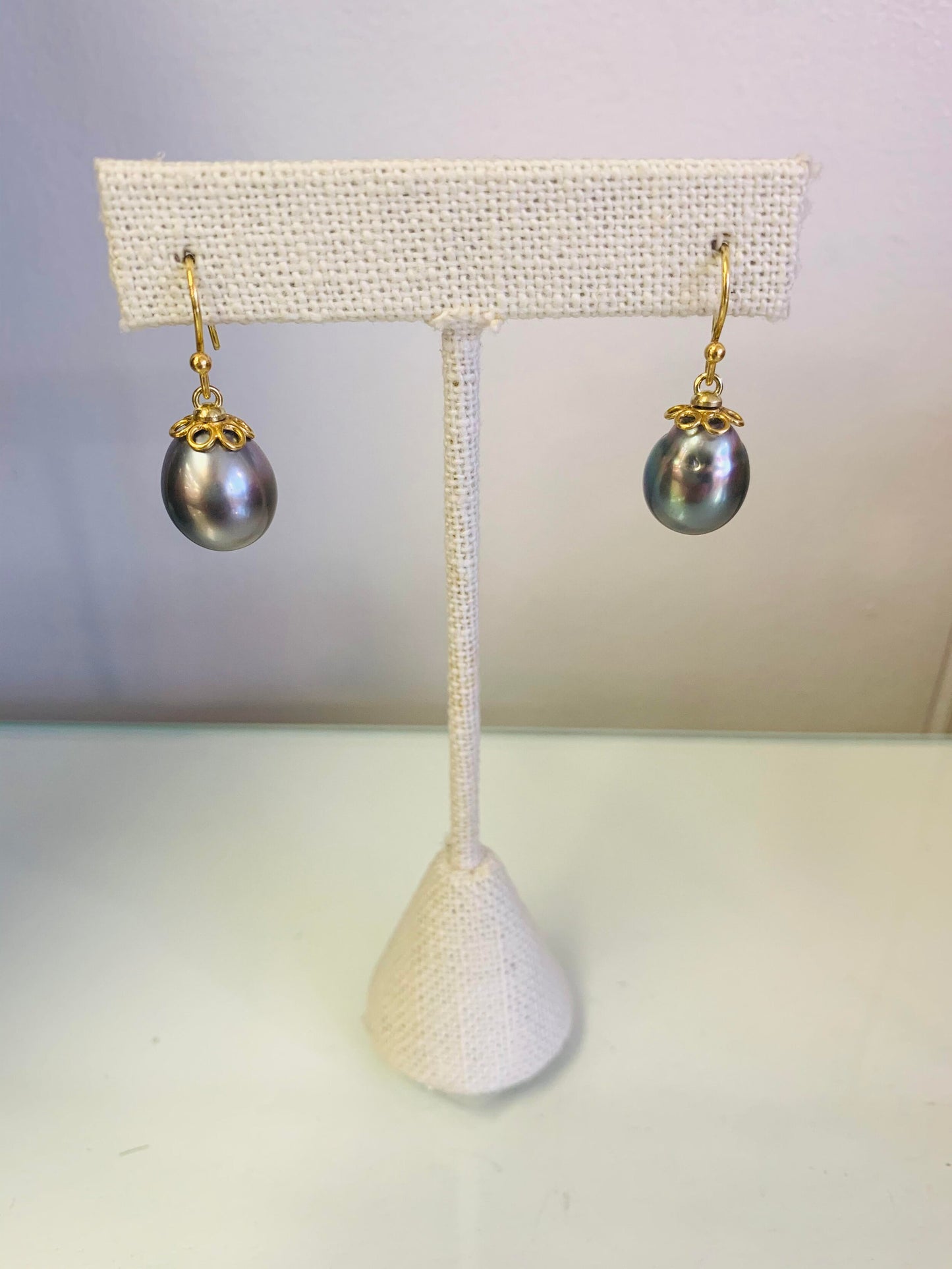 Black Tahitian Pearl Dangle Earrings set in 18K Yellow Gold handmade by Jewel in the Sea Nantucket