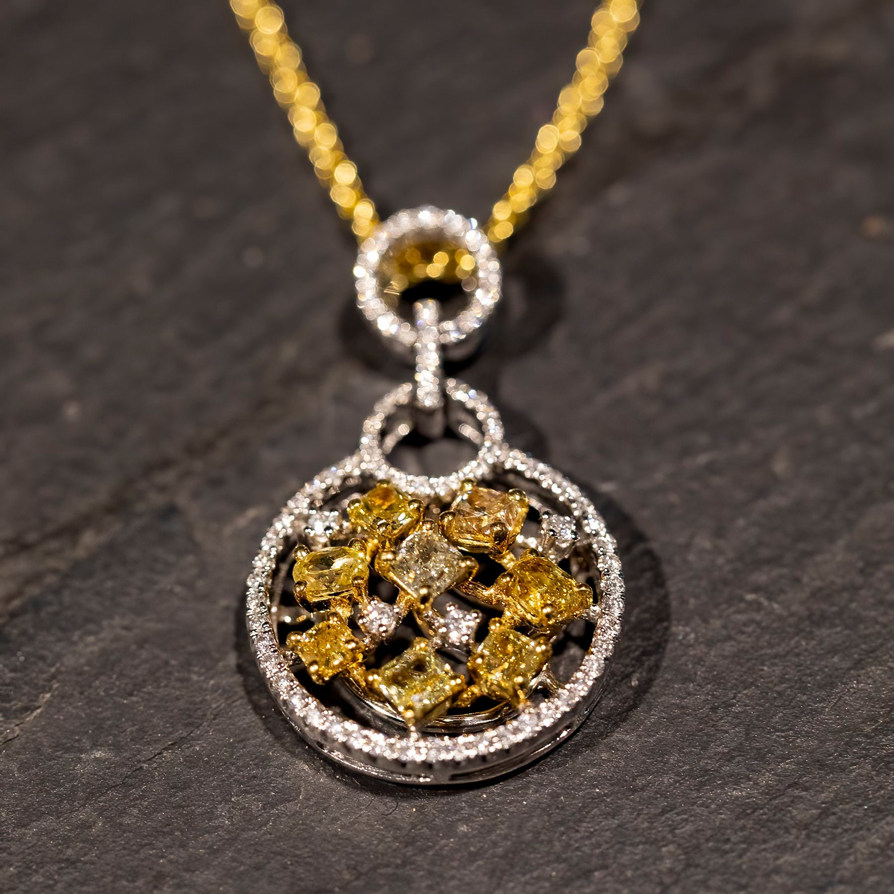 18K White Gold Pendant covered in Yellow and White Diamonds handmade by Jewel in the Sea Nantucket