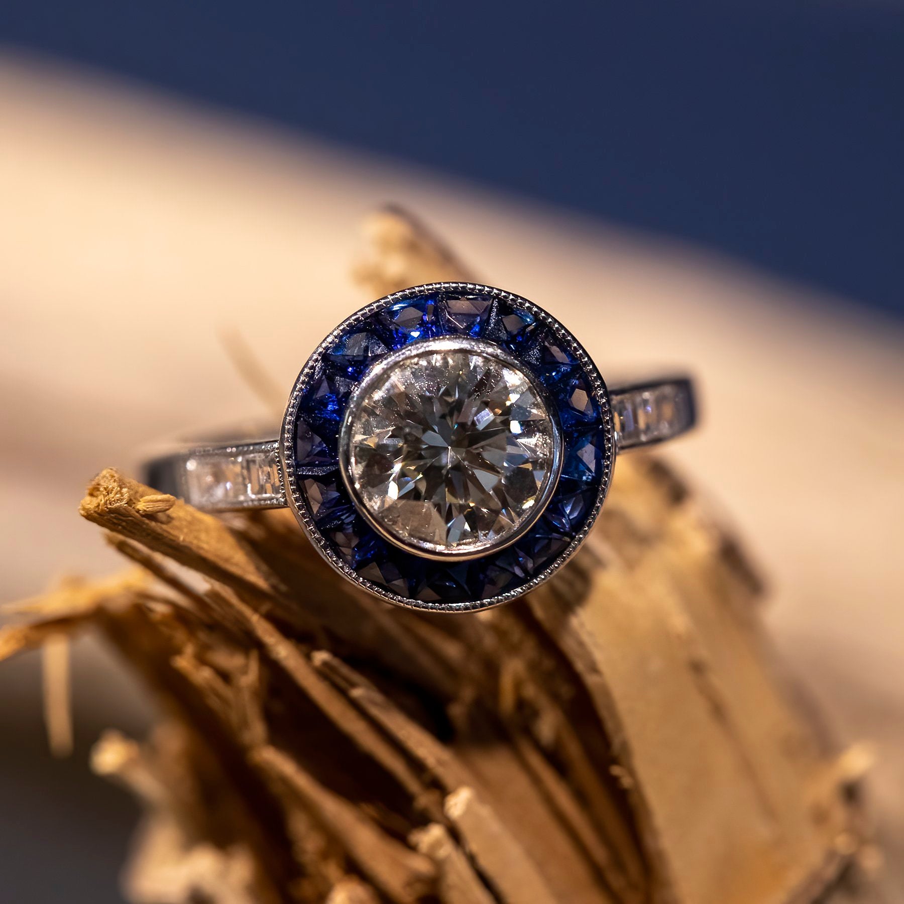 Solitaire Diamond and Sapphire Platinum Ring handmade by Jewel in the Sea Nantucket