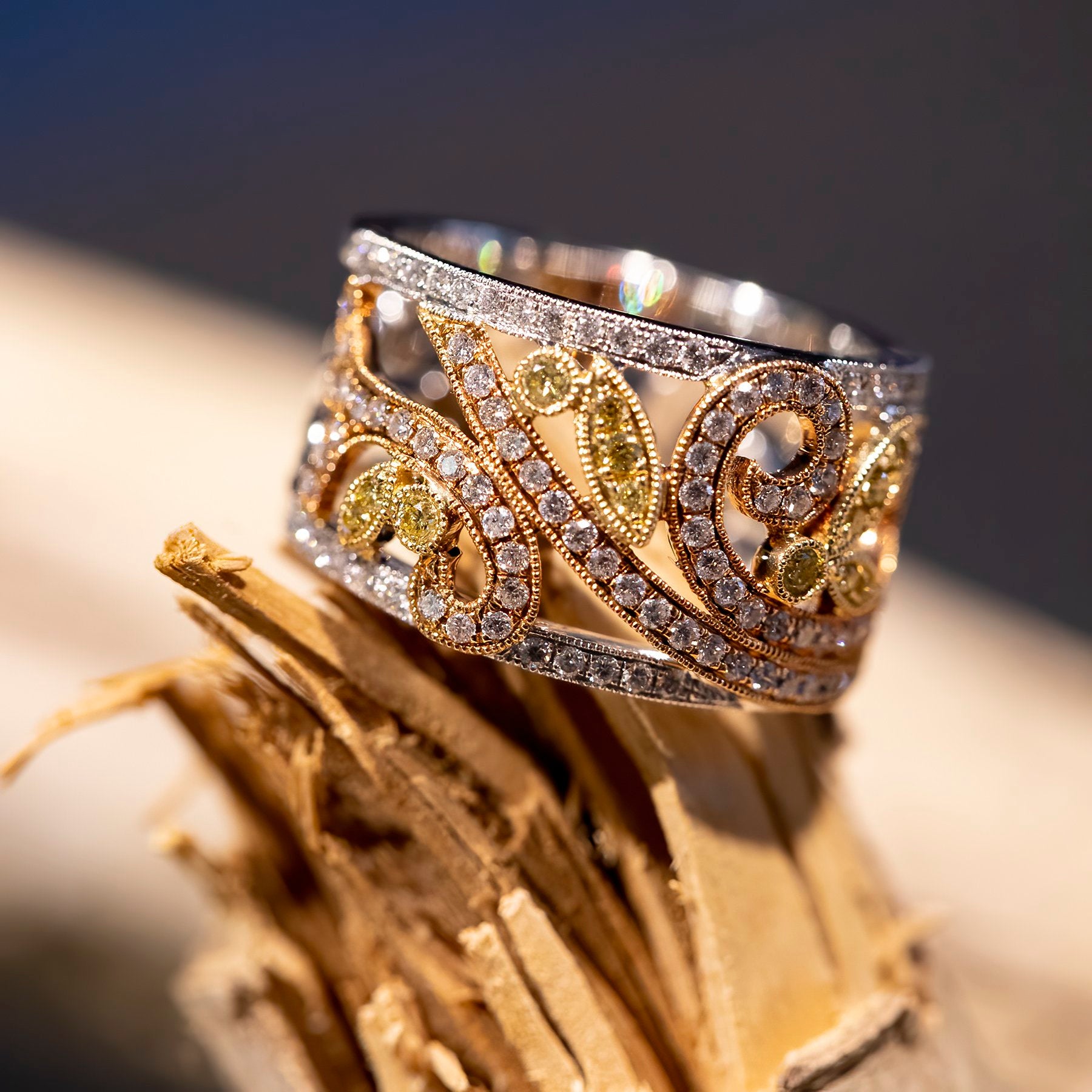 Yellow and White Diamond Floral 14K Yellow, White, and Rose Gold band handmade by Jewel in the Sea Nantucket