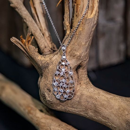 14K White Gold and Diamon Open Statement Pendant with Milgrain Lace design handmade by Jewel in the Sea Nantucket