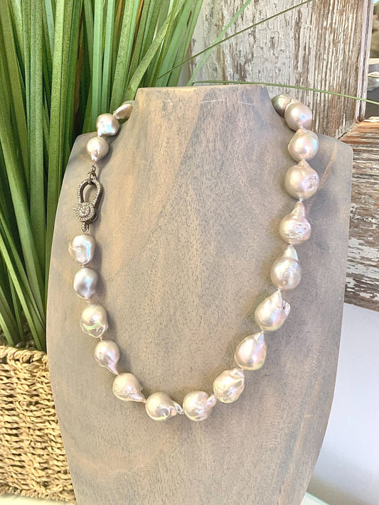 Freshwater Pearl Necklace with Sterling Silver and Diamond Clasp handmade by Jewel in the Sea Nantucket